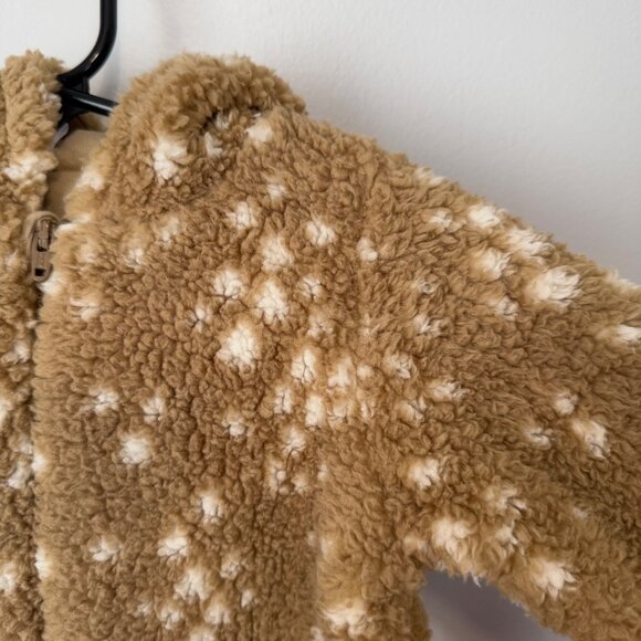 NWT Nordstrom 6M Tan Stock Doe Spots Sherpa Footless Onesie Hood Foldable Cuffs - Picture 2 of 8